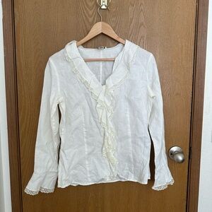true vintage Harold’s linen and lace ruffle shirt women’s small